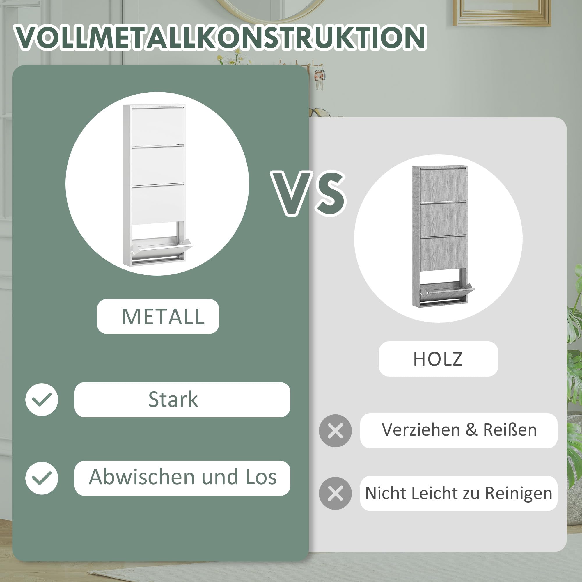 HOMCOM Schuhschrank Metall mit 4 Klappen Schuhkipper Schmal Schuhkommode Schuhregal Schuhablage Wandmontage für 8 Paar Schuhe 55 x 15 x 139,5 cm Weiß