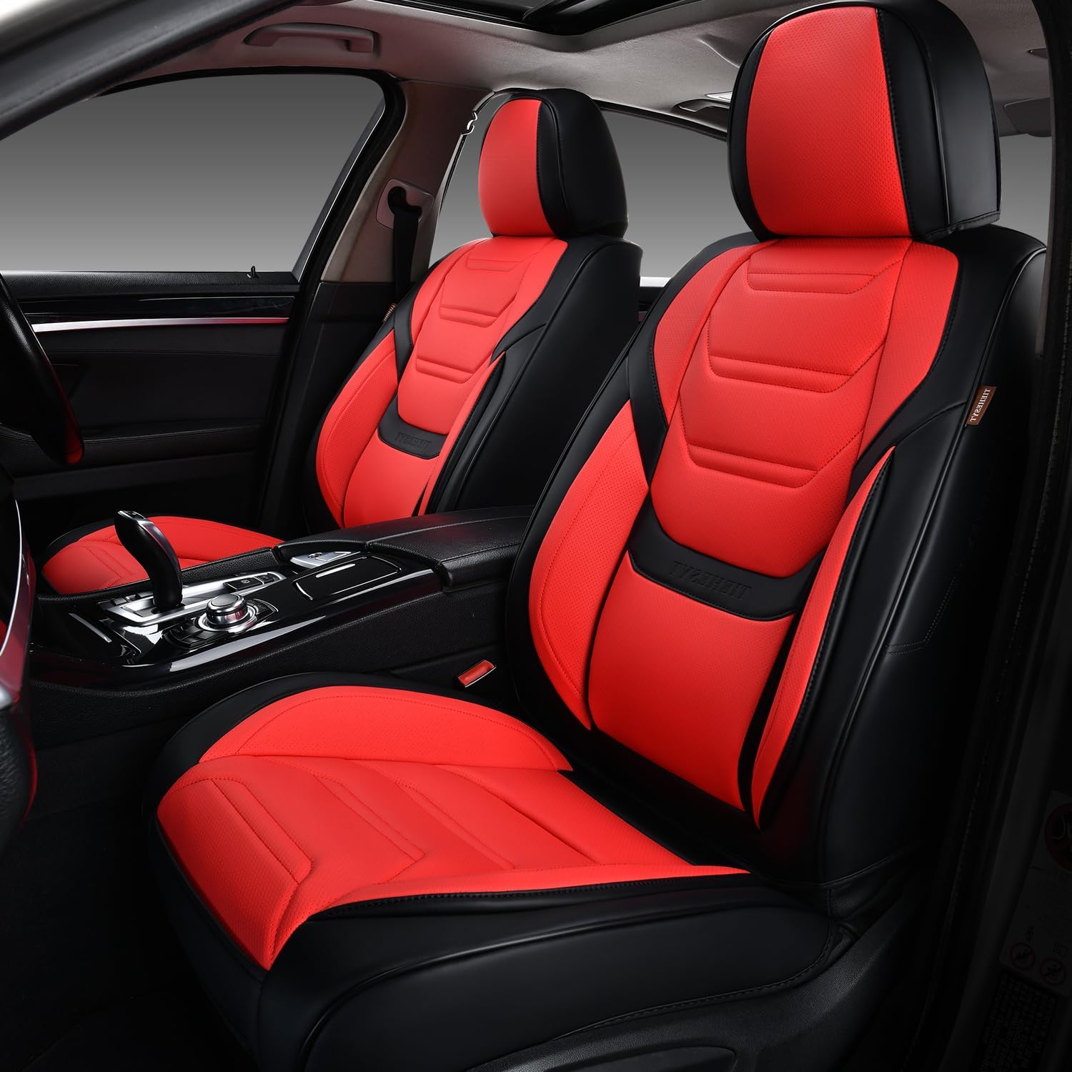 Car Seat Covers Full Set, Breathable Leather Automotive Front and Rear Seat Covers, Car Seat Protectors Full Set, Compatible with Most Vehicles, SUV (Black&Red, Front Pair)