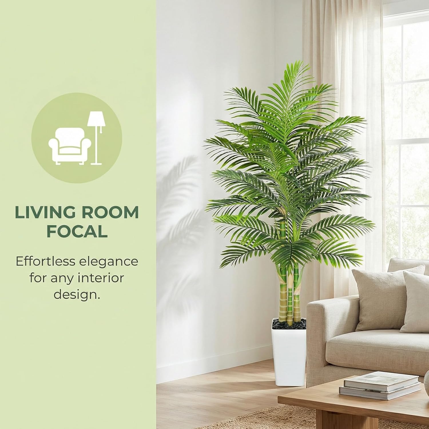 Artificial Golden Cane Palm Tree 7FT, Fake Palm Tree with Three Realistic Trunks and Lifelike Palm Leaves, Faux Palm Plant for Indoor Home Décor with White Planter - Image 9