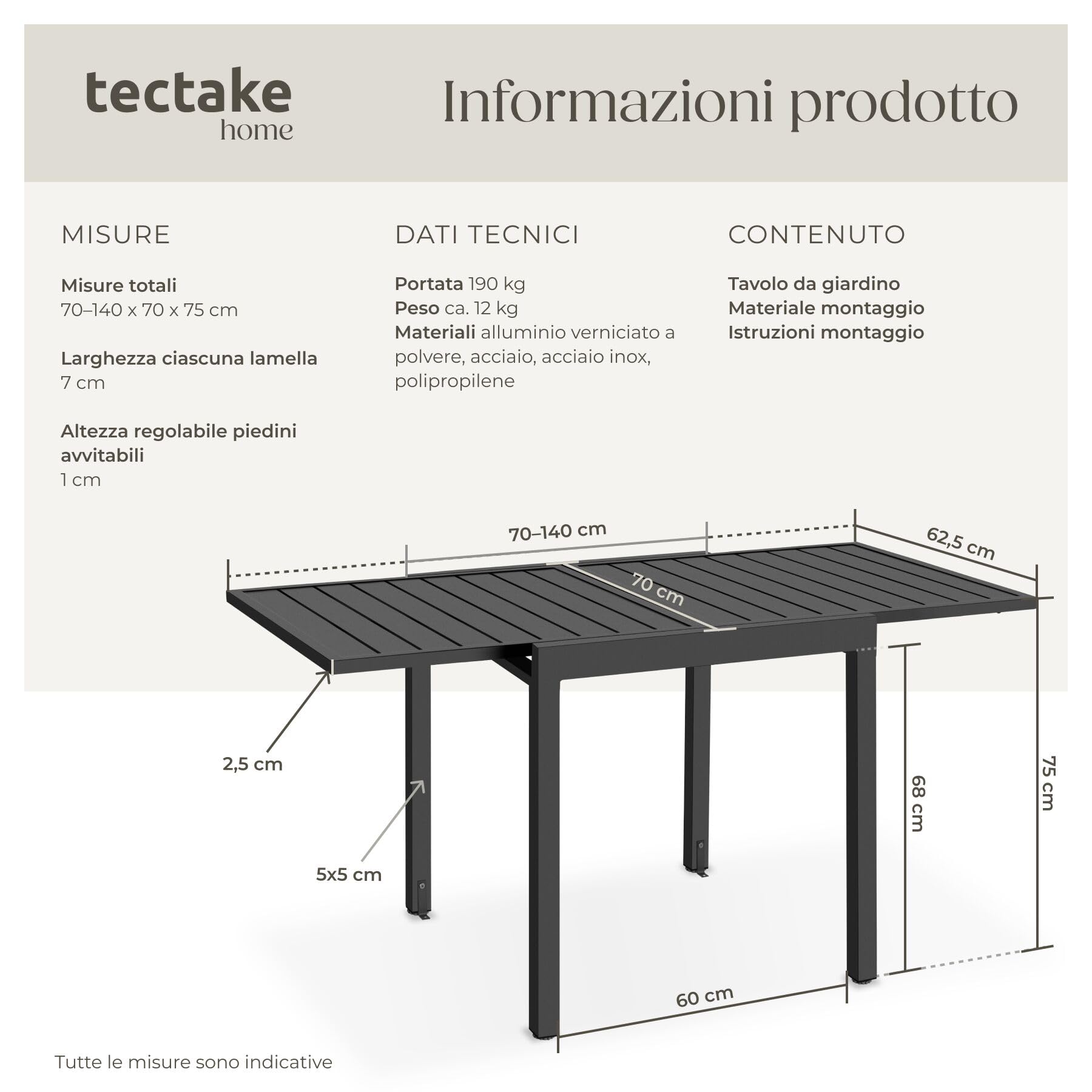 tectake® Tavolo da Esterno Allungabile in Alluminio, 70/140 x 70 x 75 cm, Regolabile in Altezza, Piano a Doghe, Piedini Antiscivolo, Resistente Intemperie, Tavolo da Pranzo 4-6 Persone - Grigio Scuro