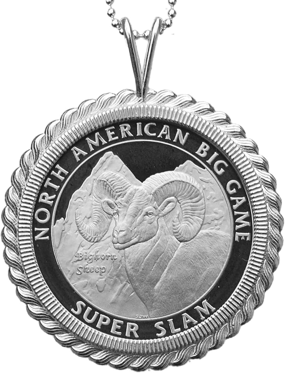 North American Hunting Club Big Game Super Slam One Troy Ounce .999 Fine Silver Proof Coin 925 Sterling Silver Necklace - Bighorn Sheep