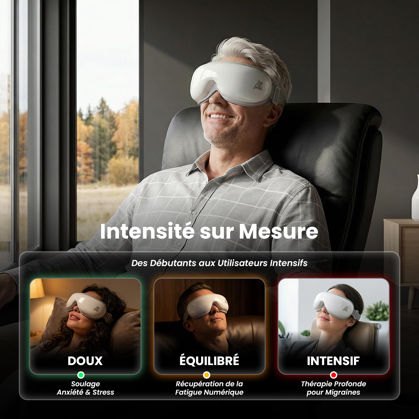 Bob and Brad Masque Massage Yeux, EyeOasis 3 Masseur Oculaire Chauffant avec Musique, Masque Gel Rafraîchissant, Migraine et Yeux Fatigués, Cadeau Fête des Pères Anniversaire Homme Femme
