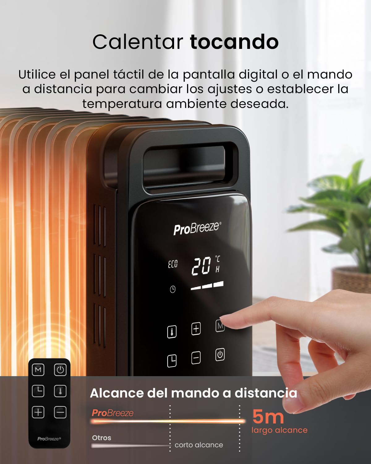 Pro Breeze OmniWarm Radiador de Aceite 2500W, 11 Aletas, Portátil, Pantalla Digital Táctil, Modo Eco, 3 Modos de Calor Ajustable, Apagado de Seguridad y Temporizador 24H