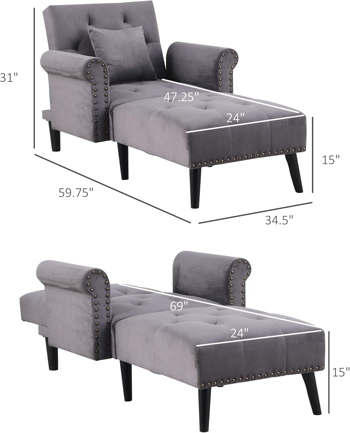 HOMCOM 2-in-1 Chaise Lounge Indoor with Rolled Armrest, Nailhead Trim and Button Tufting, Adjustable Velvet Fabric Upholstered Sofa for Bedroom and Living Room, Grey : Home & Kitchen