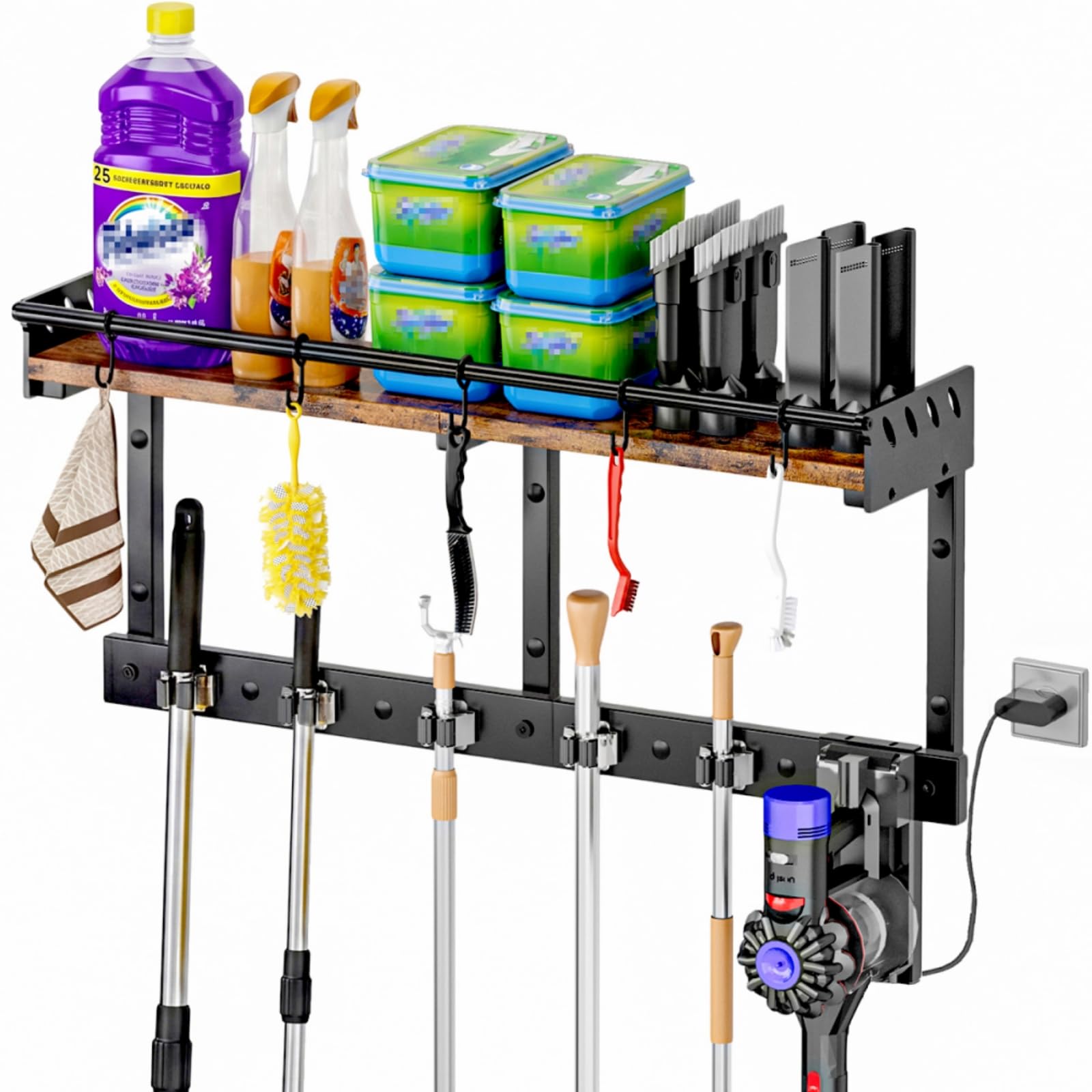 Broom & Mop Wall Mount with Shelf - Black -1