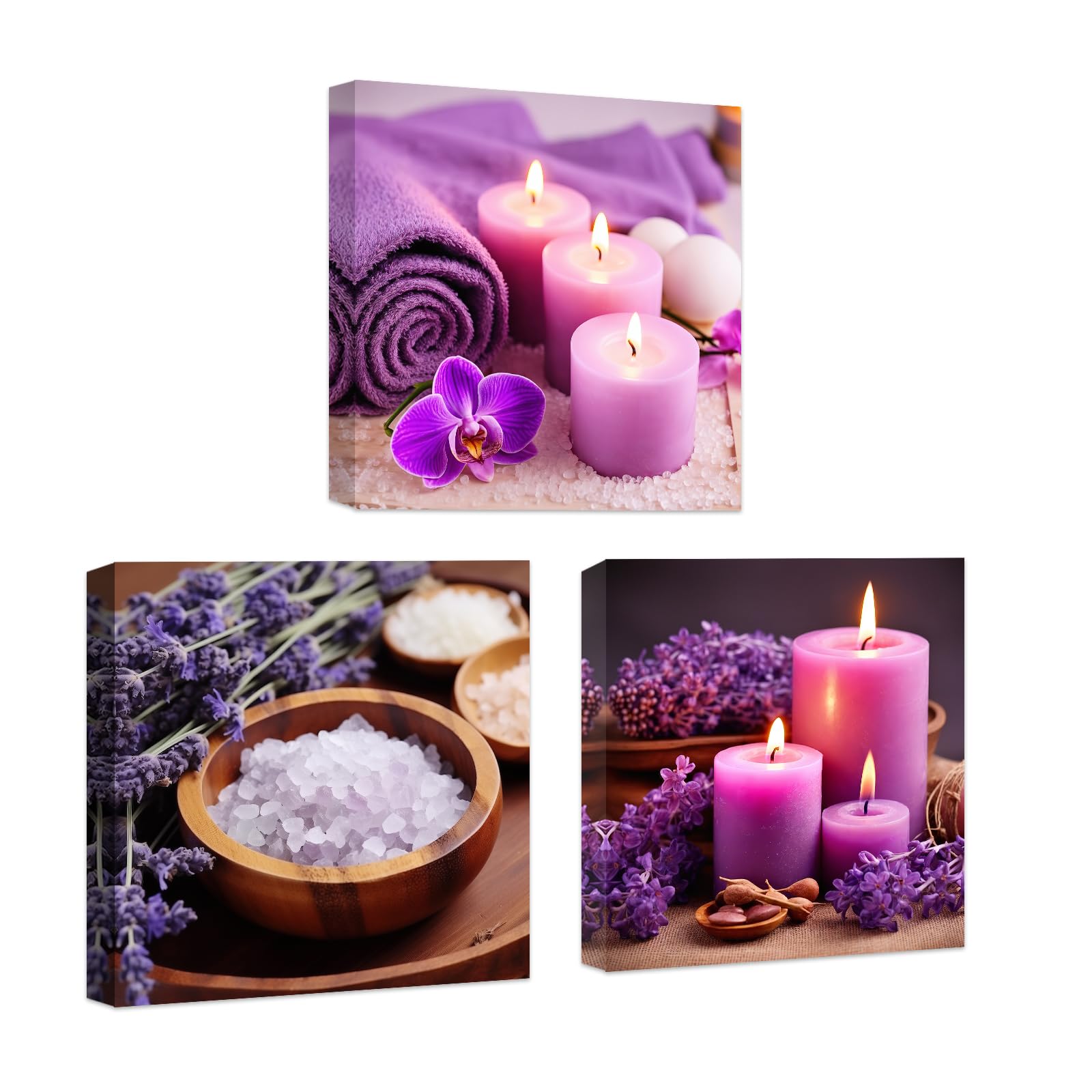 CCWACPP Zen Canvas Wall Art 3 Piece Purple Aromatherapy Candles Floral Picture Print Bathroom Beauty Spa Treatment Meditation Room Wall Decor Framed (60x60cmx3) โ image 1