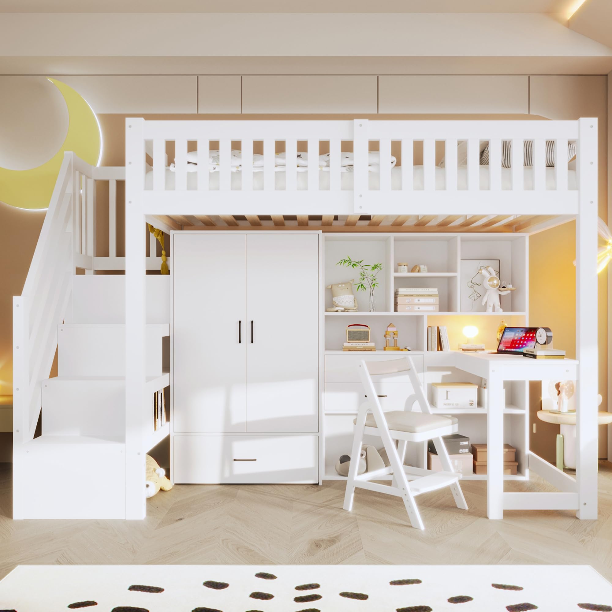 Cama alta de 90 x 200 cm, de madera, con escalera, armario, escritorio, cama juvenil con cajones, compartimentos de almacenamiento, sin colchón