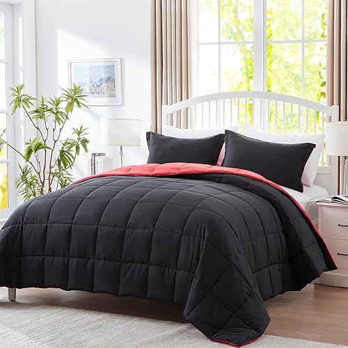 SunStyle Home Juego de edredón King de 3 piezas, ligero y liso, relleno alternativo, suave y reversible, para todas las estaciones (negrorojo)