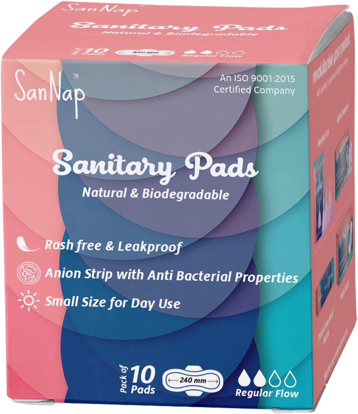 SanNap Biodegradable Super Soft Anion Sanitary Pads/Napkins, Antibacterial, Ultra Thin and Rash Free Protection - Small (S) Day Pads (Pack of 10) (Small)