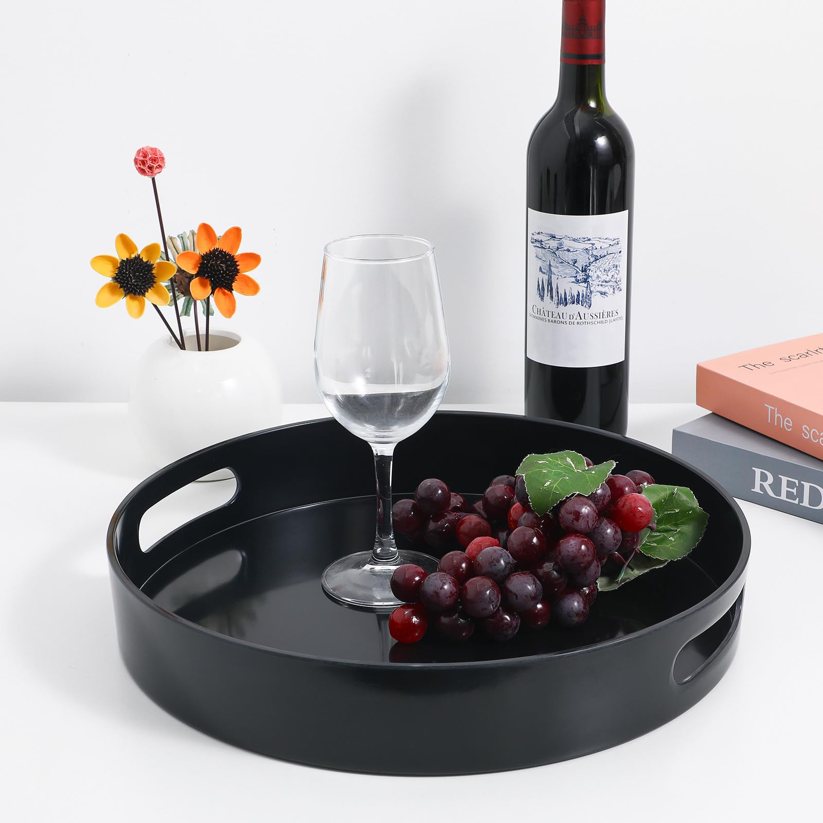 Bandeja Redonda Decorativa Adecuado para Decoración de Plástico Negra con Asas Diseño Elegante y Sencillo para Servir Aperitivos Hogar