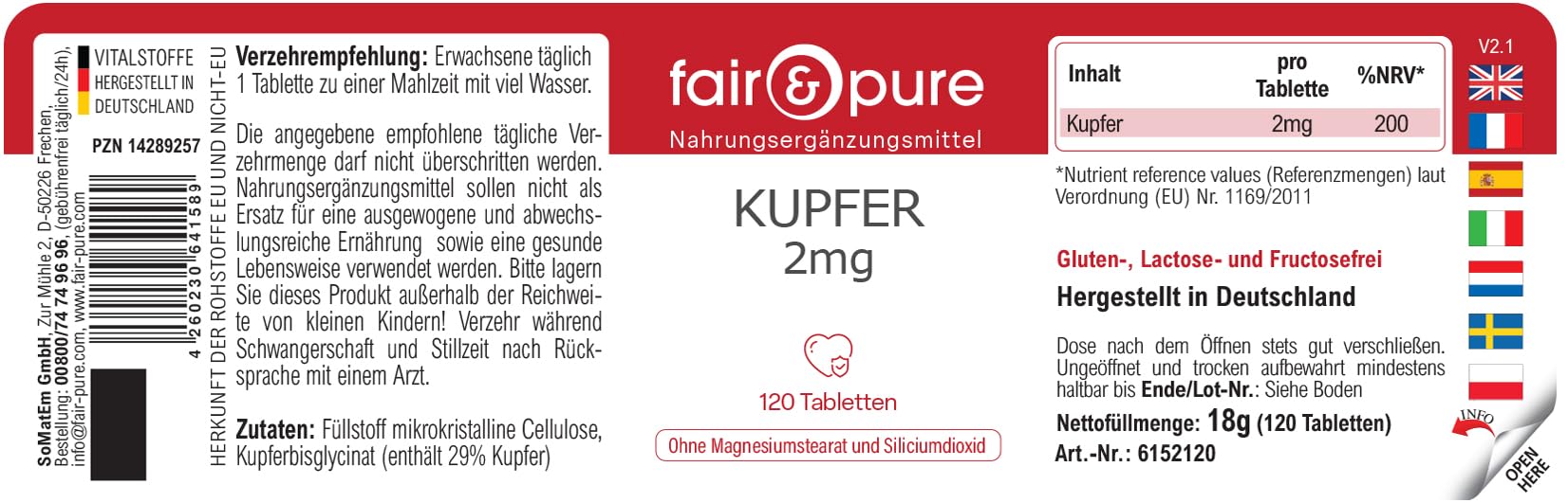 Fair & Pure® - Rame bisglicinato 2mg - Integratore di rame - Buona disponibilità biologica - Vegan - 120 Compresse