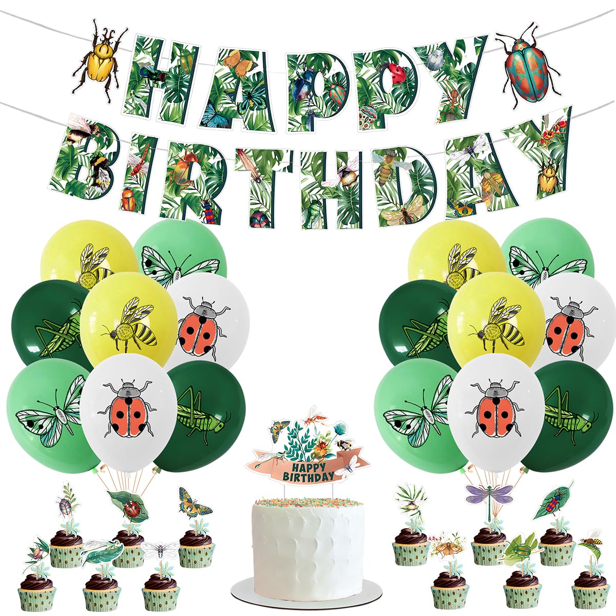 Bugs Birthday Party Supplies,Bugs Happy Birthday Banner, balloon,Cake Topper and Cupcake Toppers,Bugs Theme Birthday Party Decorations