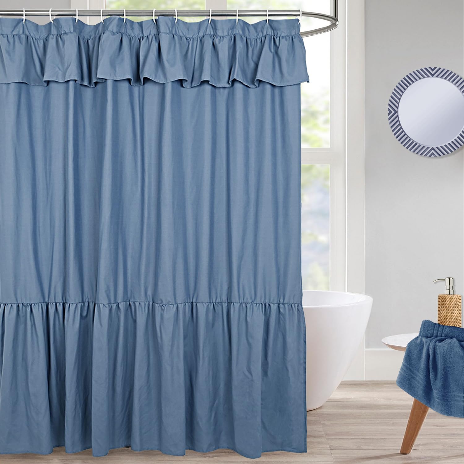 DOSLY IDÉES Ruffled Farmhouse Shower Curtain,Blue Fabric
