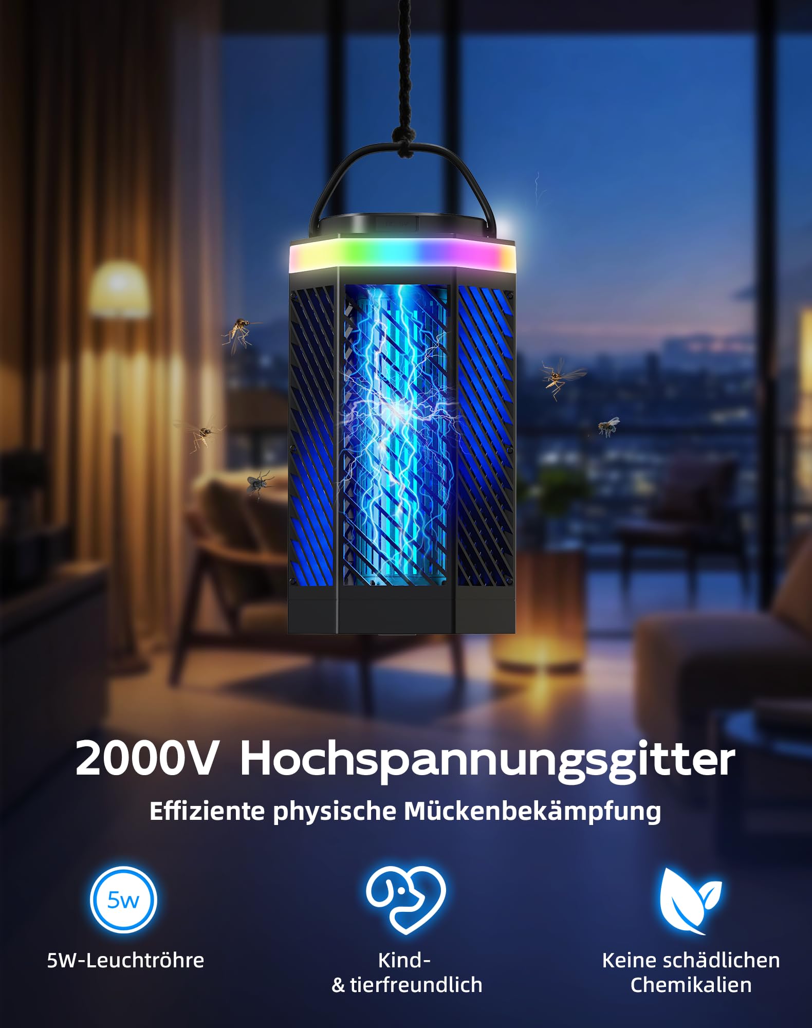 Elektrischer Insektenvernichter - 3 in 1 Mückenlampe mit UV-Licht, 8000mAh Akku, Weiß & RGB-Beleuchtung, IPX4 Wasserdicht, USB-C Wiederaufladbar, Mückenfalle für Camping, Garten, Draußen Innen