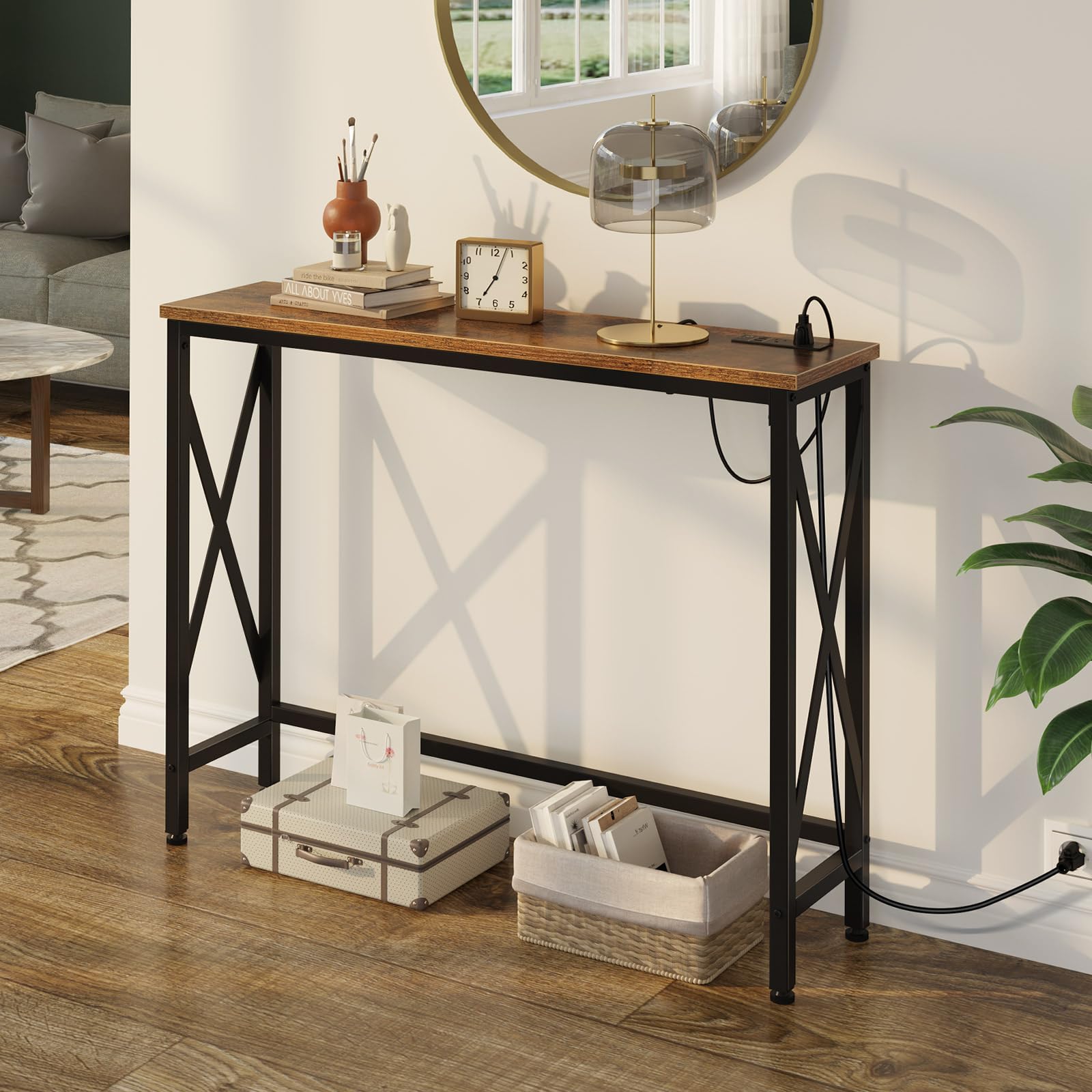 Rolanstar Console Table with Power Outlet, Narrow Sofa Table, 39.4" x 7