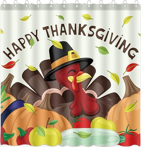 DePhoto Thanksgiving Shower Curtain for Bathroom Turkey Pumpkin Tomato Happy Fall Bumper Harvest Autumn Poliester Fabric Decoration Water Proof with
