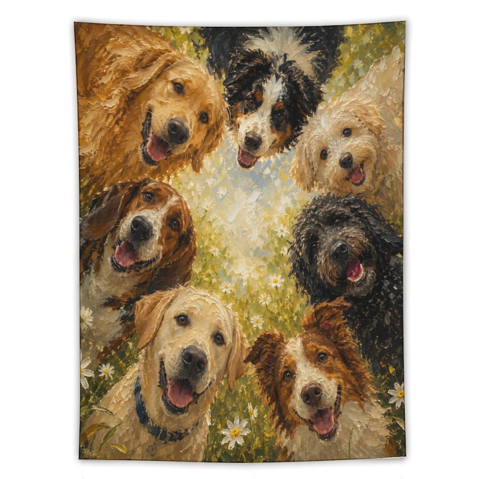 W7C8U2X3 Happy Dogs Floral Wall Tapestry, Realistic Illustration, Apartment