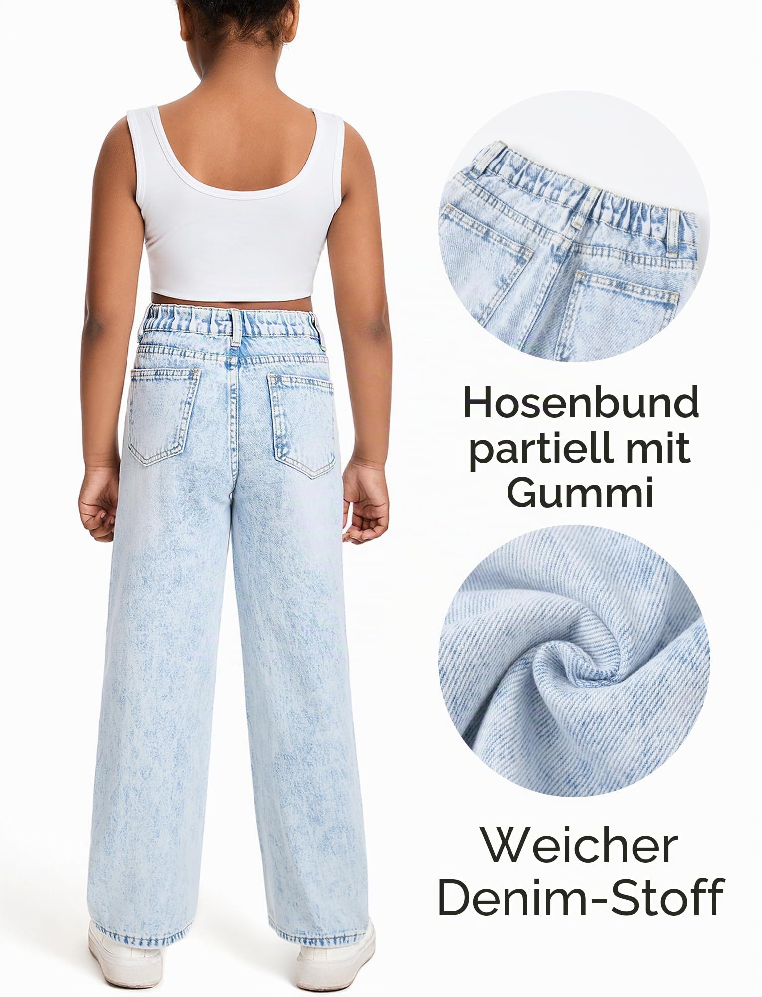 Happy Cherry Mädchen Jean Hosen Loch Wash Denim Blau Hose Kinder Elastische Taille Vintage Jeans Weites Bein Jeanshosen 130-160