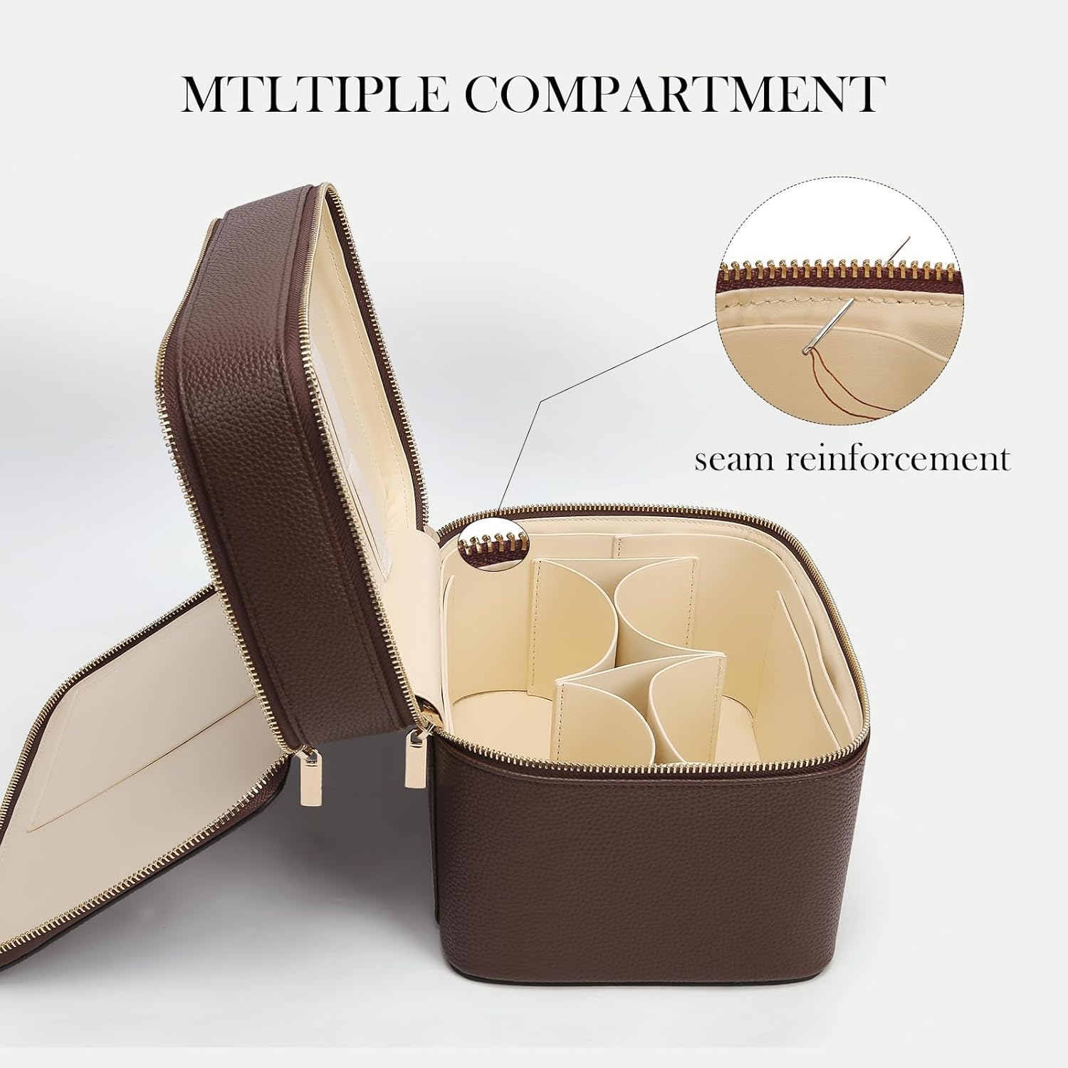 Estuche de maquillaje de doble capa de piel para mujer, gran neceser de viaje con compartimentos extraíbles, Makeup Bag portátil, café, Clásico