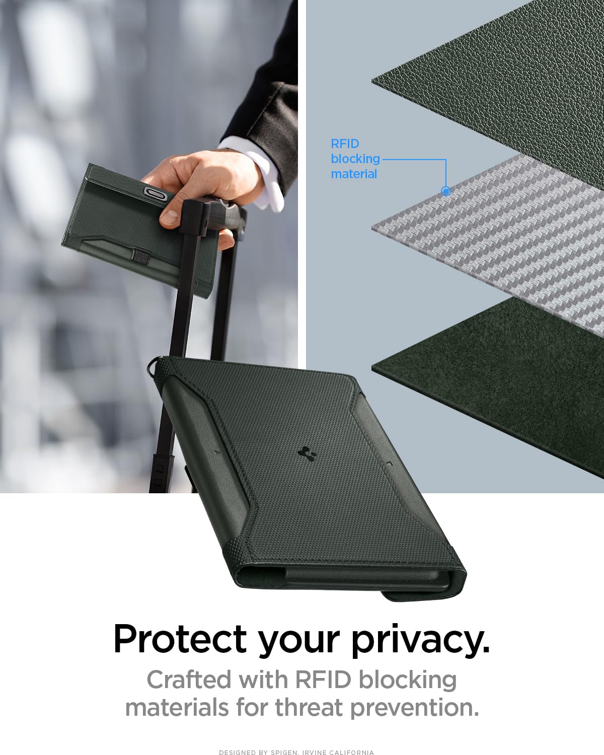 Spigen Etui na paszport z blokadą RFID i pinem na kartę SIM, etui na paszport ze sztucznej skóry - zieleń wojskowa