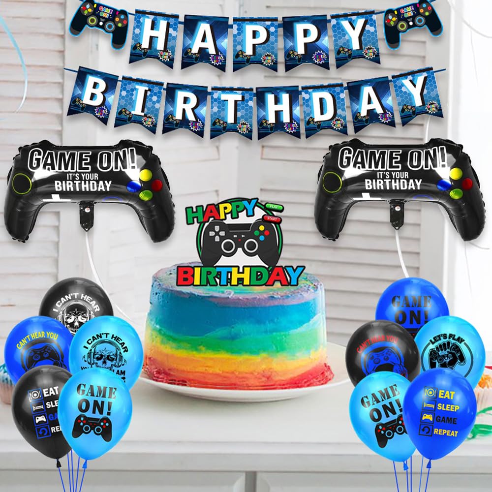 Video Game Party Decoration for Boys Players, Video Game Party Accessories with Controller, Aluminum Balloons, Happy Birthday Banner, Tablecloth and Balloon for Game Fans