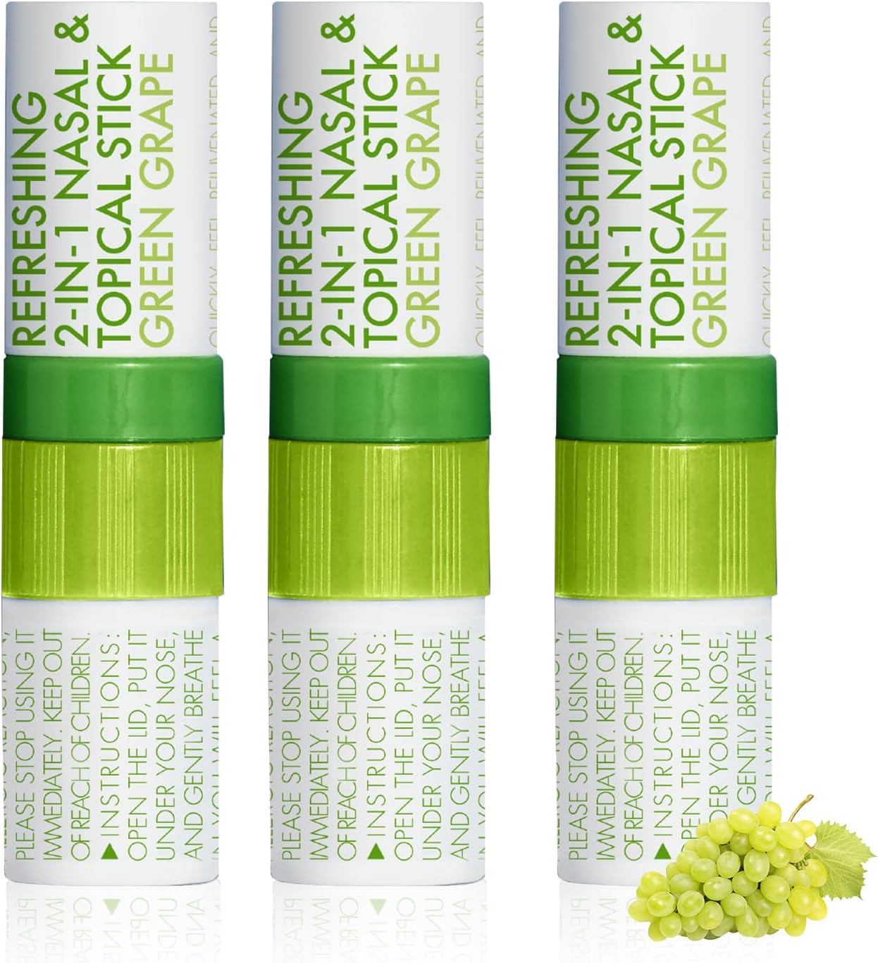 2 in 1 Nasal Stick Inhaler, Nose Refreshing VapoInhaler, Essential Oil Rub, On-The-Go, Freshing, Focus, Awake (3 pcs, Greengrape)