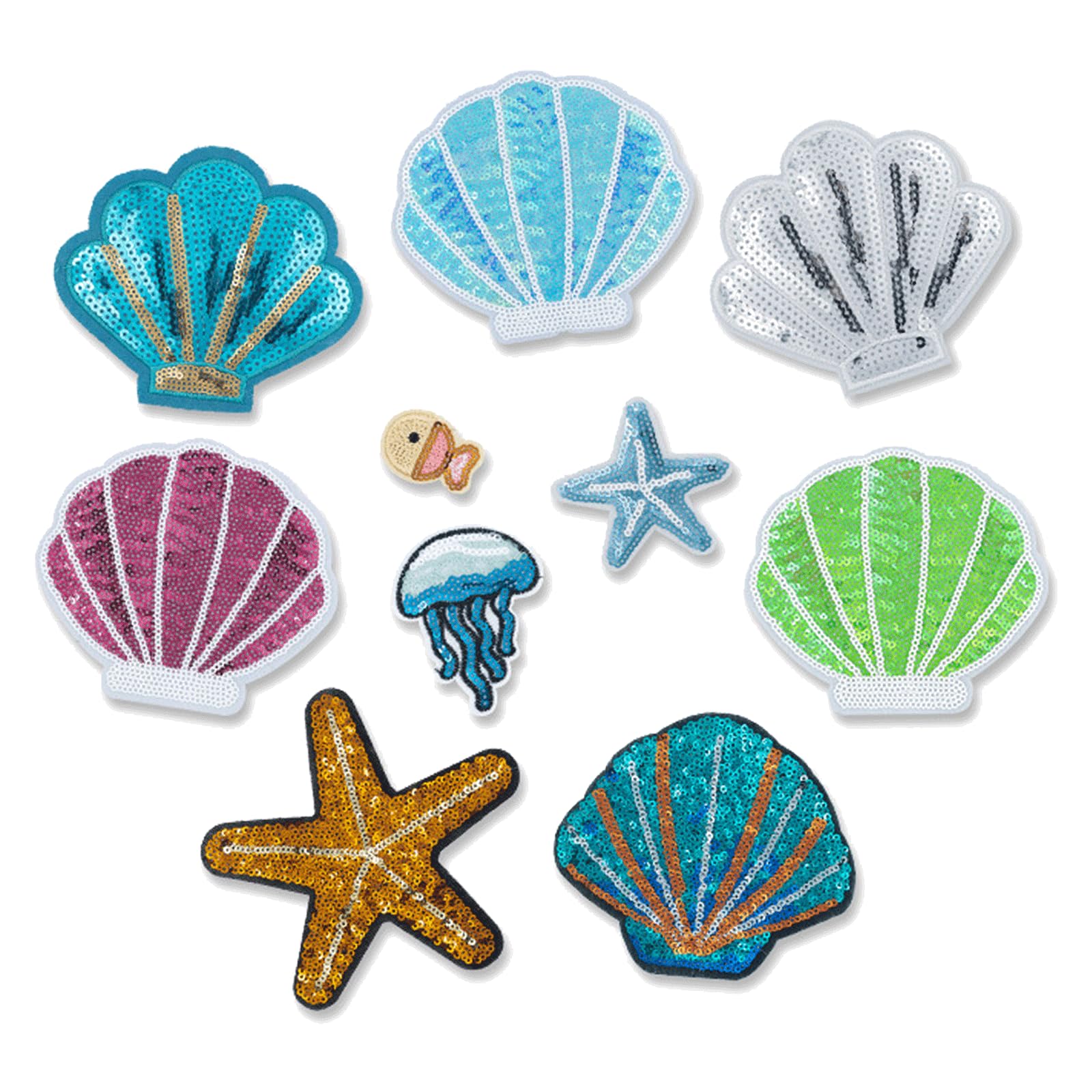 11PCS Shell Conch Starfish Shape Iron on Patches, Sea Theme Sequin Applique, Glitter Iron on Sew on Decorative Emblem, Sequined Patches for Clothes Jeans Jacket Hats Bags DIY Sewing Craft Decoration
