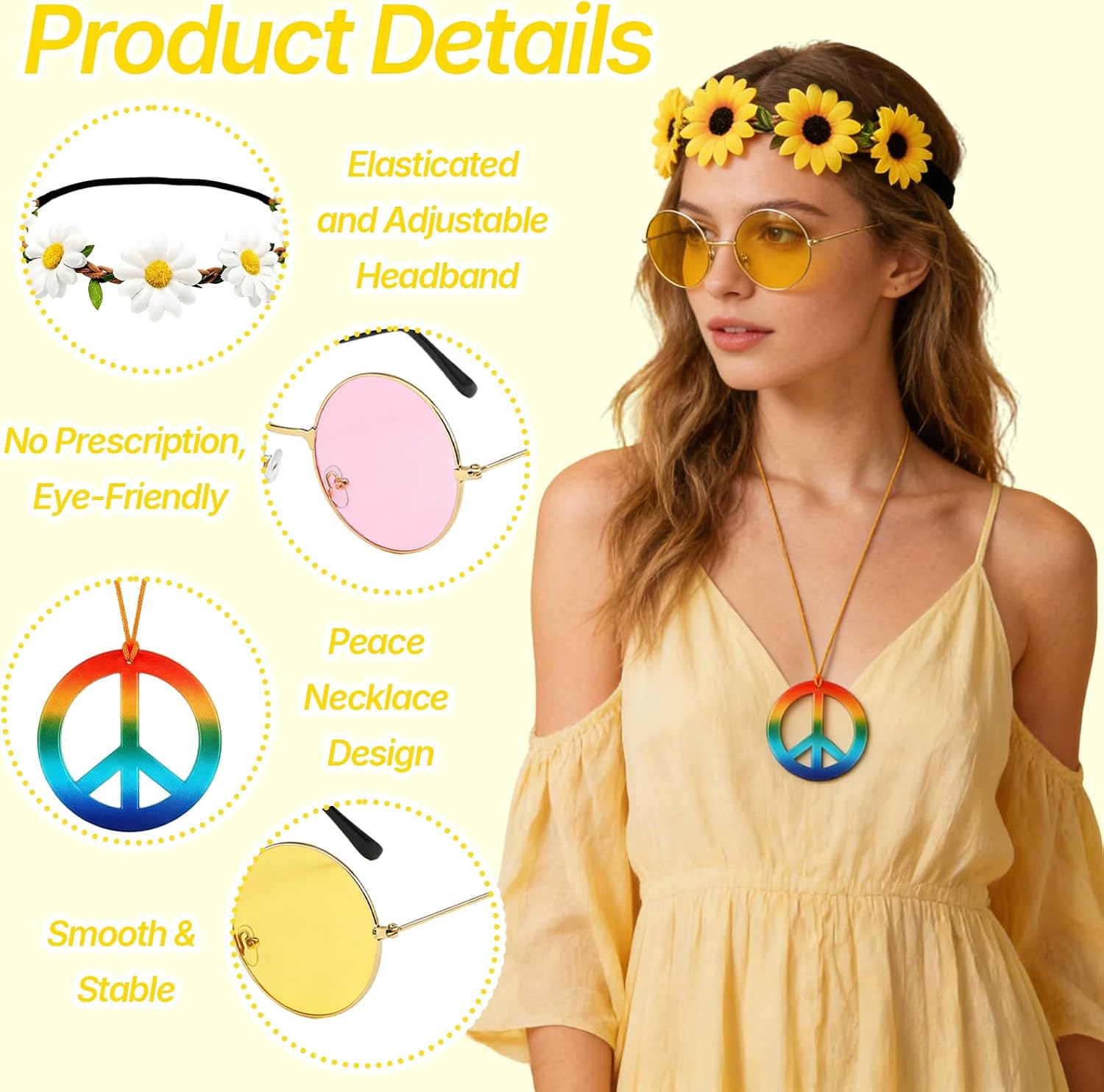 6 Pcs Hippie Accessories for Women, 60s 70s Accessories Women with 2 Peace Sign Necklace + 2 Daisy Flower Headbands + 2 Hippie Sunglasses, Hippie Costume for Carnival Vintage Party Multi