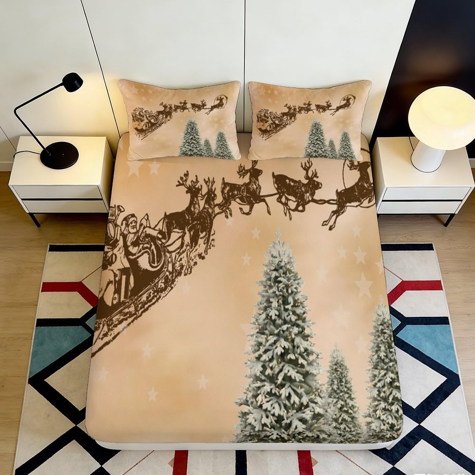 3D Printed Christmas Reindeer Fitted Sheet Microfiber Deep Pocket Non-Slip Xmas Tree Mattress Fitted Cover Washable for Bedroom 200x200x25cm
