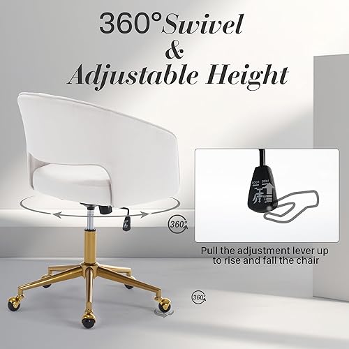 Miniatura 4 de Homedraft Silla de escritorio giratoria para oficina en casa, moderna silla de escritorio de terciopelo, sillón de altura ajustable con base dorada,