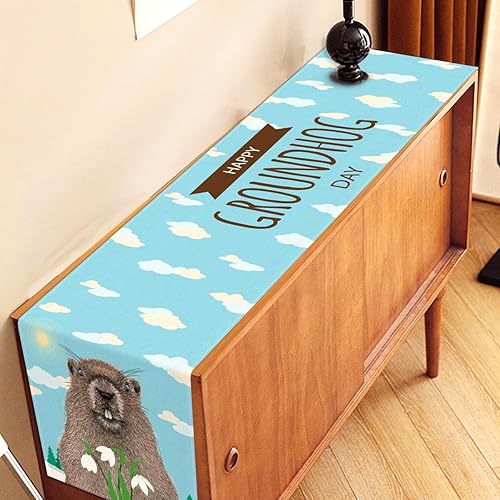 Miniatura 4 de Nepnuser Camino de mesa con texto en inglés Happy Groundhog Day, decoración de primavera para el hogar, cocina, comedor (13 x 90 pulgadas)