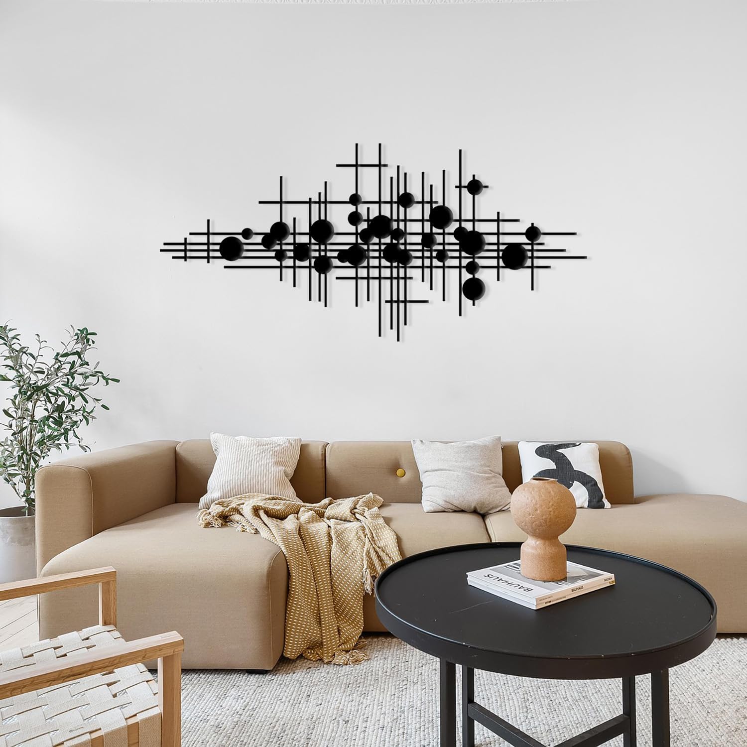 Rajukit Large Modern Geometric Abstract Metal Wall Art – Large Metal Wall Sculpture for Living Room, Versatile Home Decor(31.5 * 14.5”)