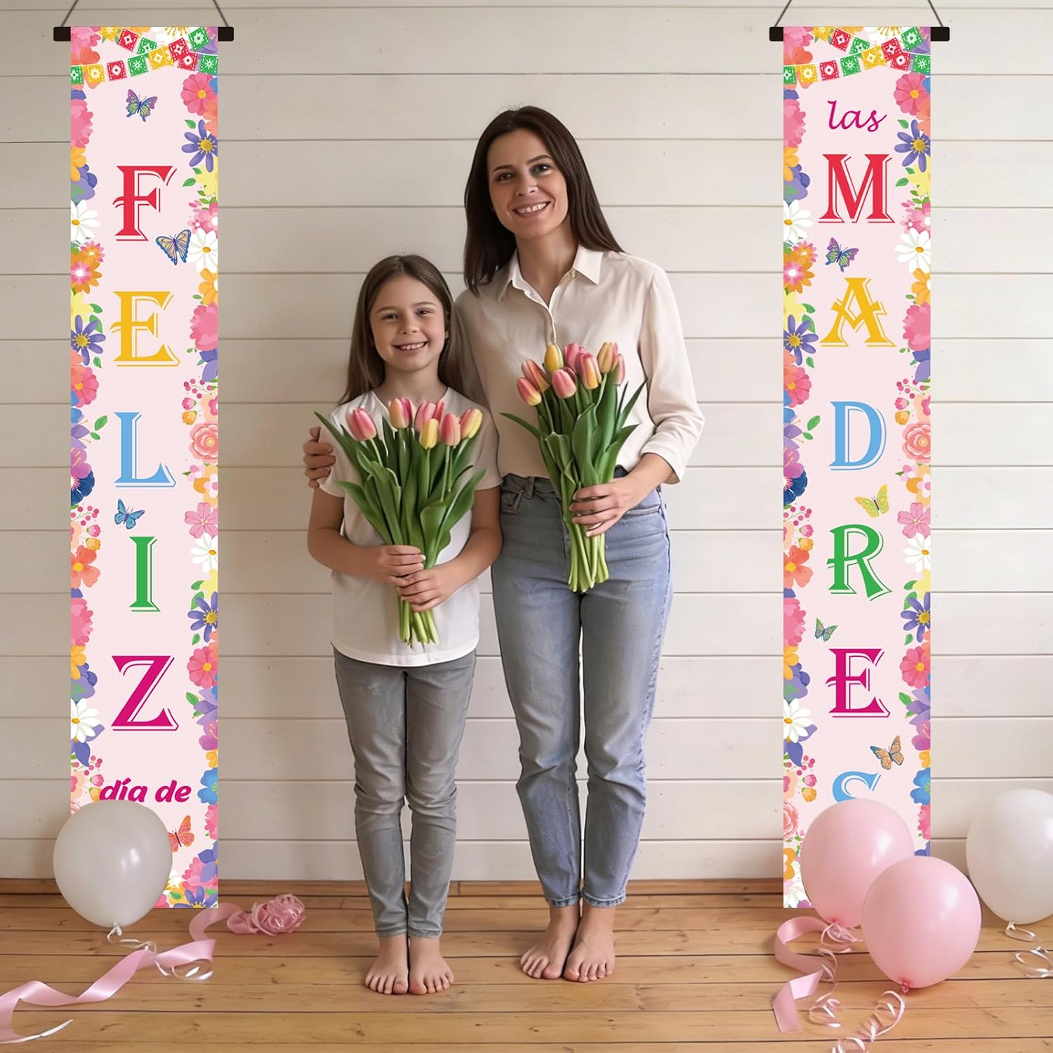 Feliz Dia De Las Madres Decorations, 2 Pcs Happy Spanish Mother's Day Porch Banner Decor, Hanging Porch Door Cover Decoration for Indoor Outdoor Holiday Party Supplies