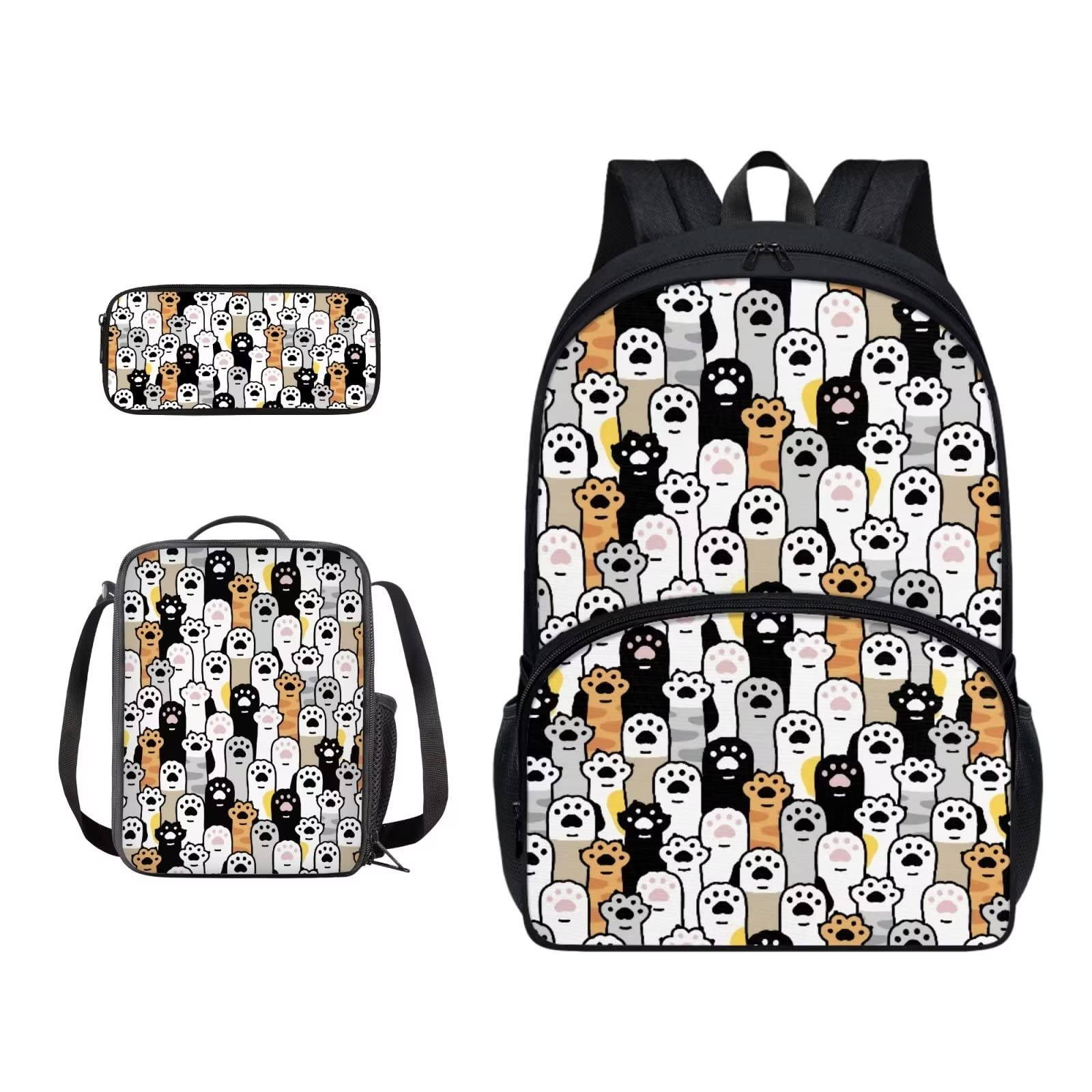 Poceacles Schultasche und Lunchbox-Set für Teenager, Jungen, Grundschule, Büchertasche, Federmäppchen für Grundschulkinder, Cat Paws, Einheitsgröße