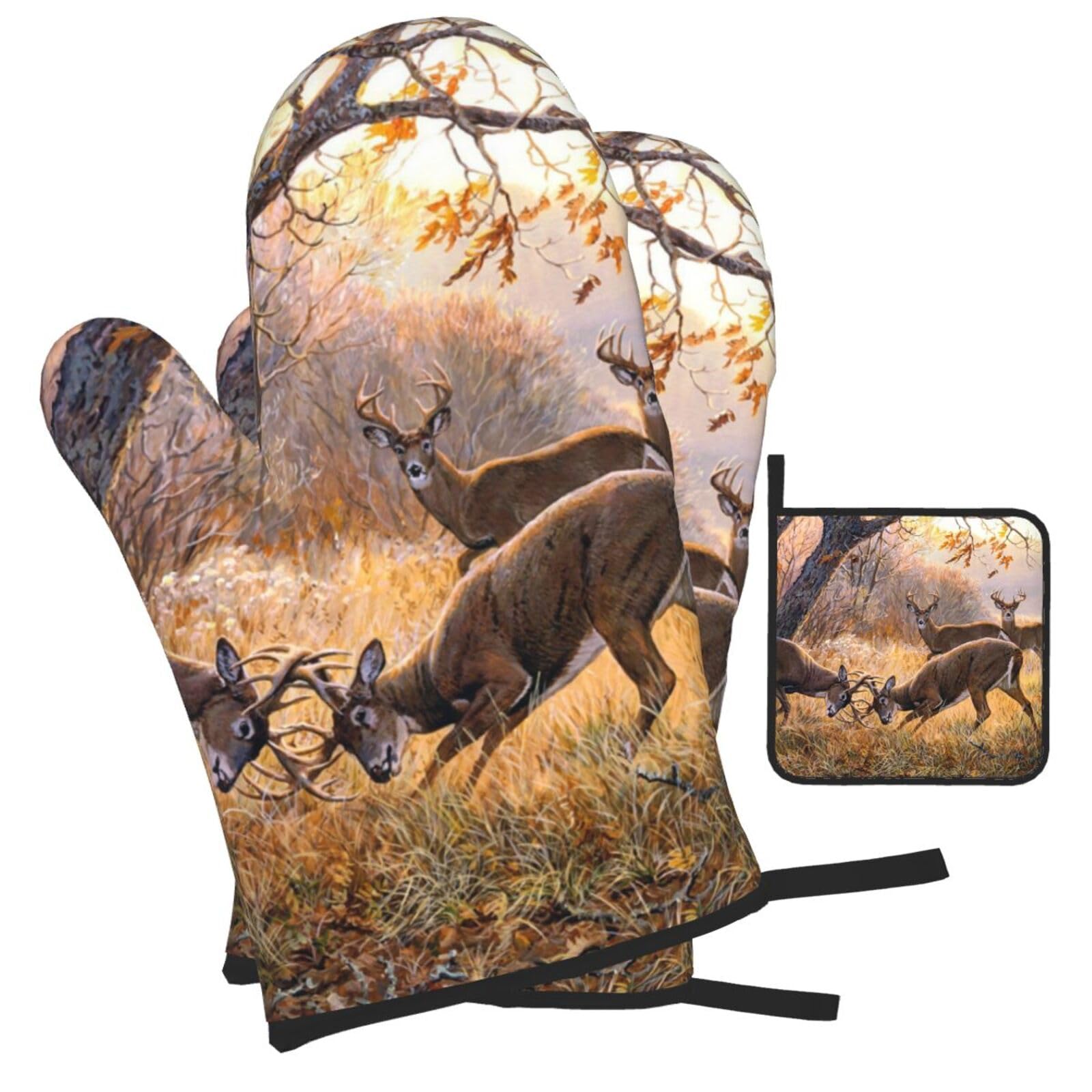 Deer Hunting Printed Oven Mitts and Pot Holders Heat Resistant Set of 3 Pcs, Modern Kitchen Gloves & Potholders for Cooking Baking Grilling