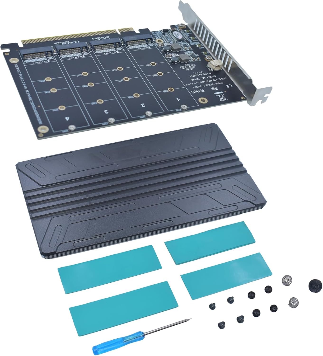 M.2 PCIe Adapter x16 Gen4 for 4 Ports M2 SSDs, PCIe M.2 Expansion Card for 4 M.2 2280 2260 2242 2230 NVMe SSDs M Key with Advanced Cooling Heat Sink