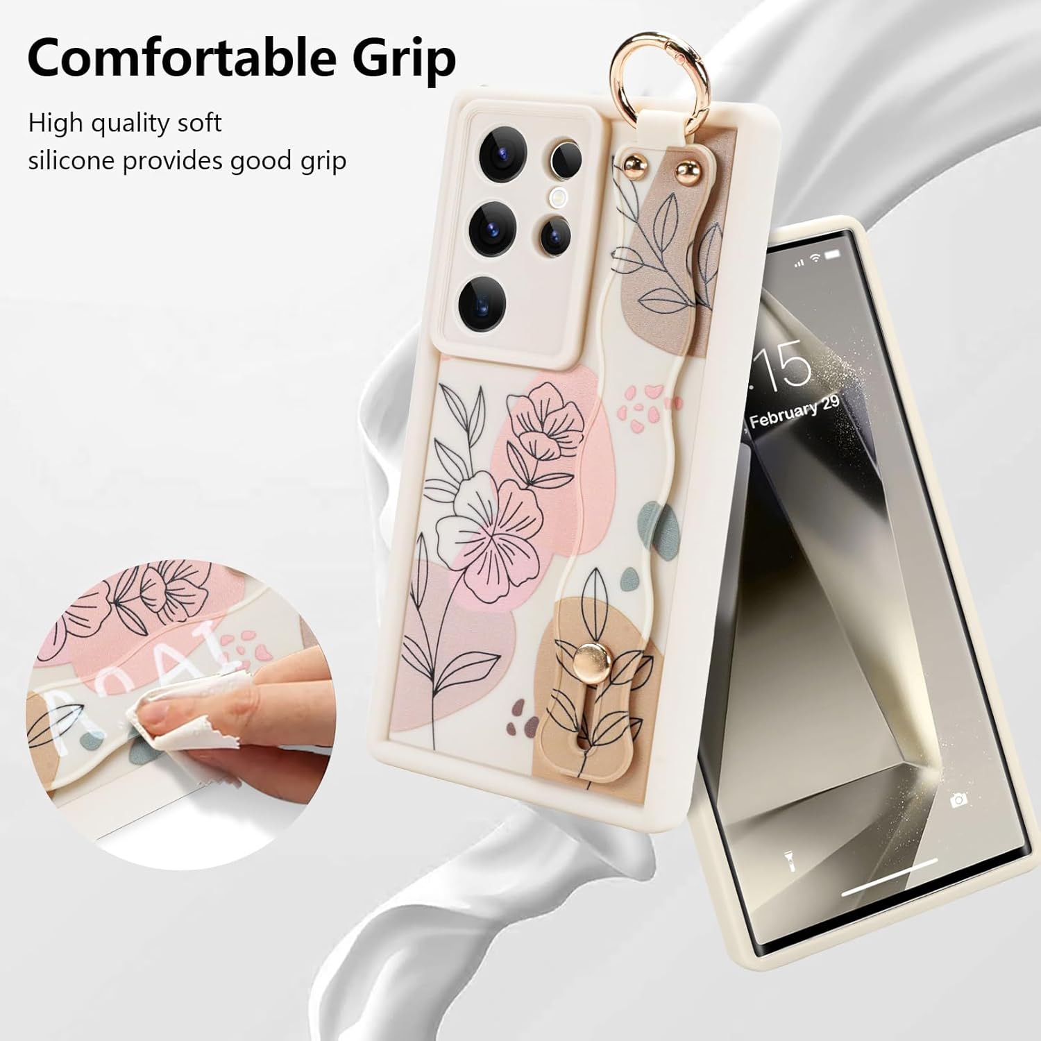 Silicone Case for Samsung Galaxy S24 Ultra with Strap, Cute Flower Floral Phone Case for Women Girls, Adjustable Finger Strap Shockproof Protective Cover, Beige Flowers - Image 5