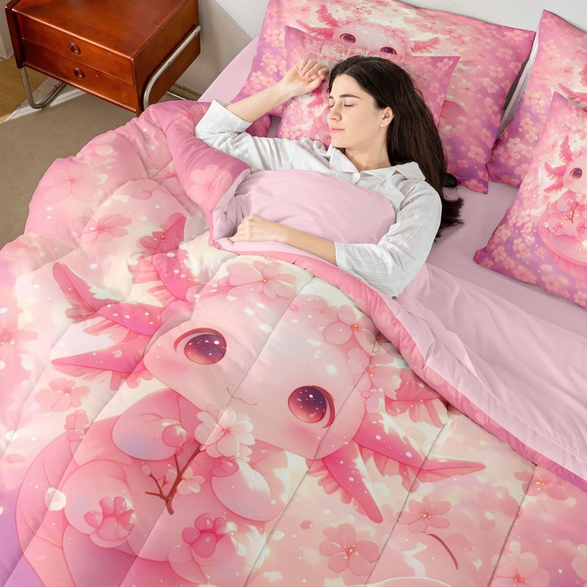 Feelyou Cute Pink Axolotl Queen Comforter Set with Sheets for Kids Boys Girls Flower Axolotl 7 Pieces Bedding Set Cartoon Animal Bed in a Bag Room Decor Soft Lightweight Microfiber