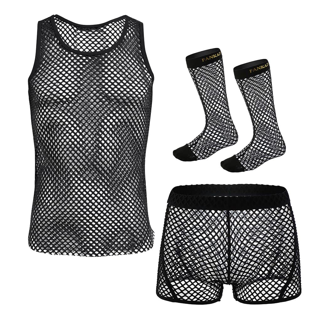ABAFIPMen 3PCs Fishnet Shirt Tank Top See Thru Muscle Tanks Undershirt Sheer Boxer Shorts Socks Activewear Costume
