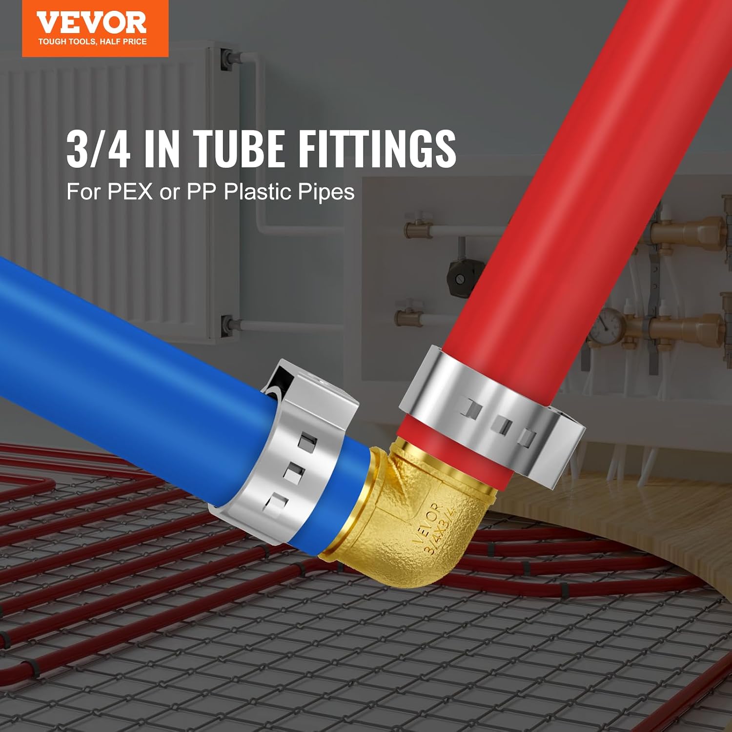 VEVOR Pipe Fittings, 3/4" 50PCS Brass Pipe Fittings, Clamp-style Elbows Pipe Connector Brass Air Fittings, Heavy Duty Plumbing Fittings Tube Adapter for Heating/Shower Systems,Outdoor Water Pipes