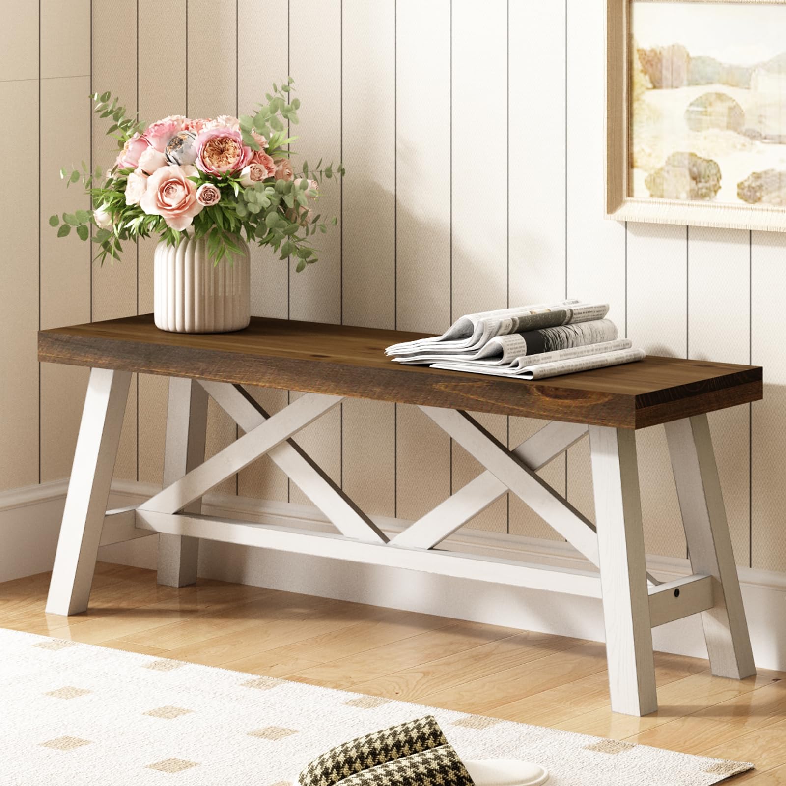 Photo 1 of [For parts only] Wnutrees 43" Farmhouse Wood Bench, Rustic Solid Wood Entryway Bench Seat with Double X-Structure for Dining Area Living Room Hallway, Structural Stability, White