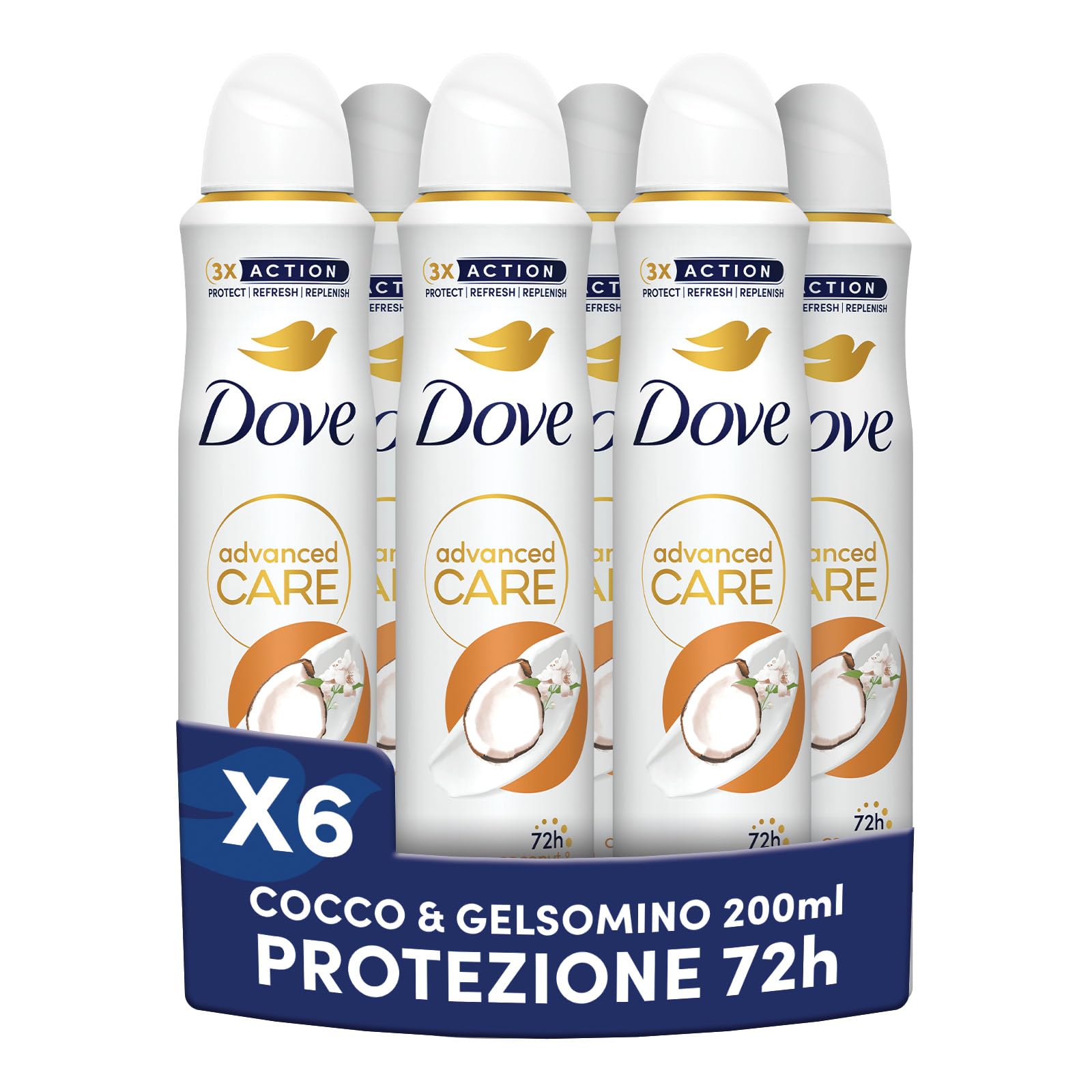 DOVE - Deodorante da donna Advanced Care noce di cocco e fiore di gelsomino - Spray antitraspirante - Cura delle ascelle giornaliera - 72 ore di protezione - 200 ml