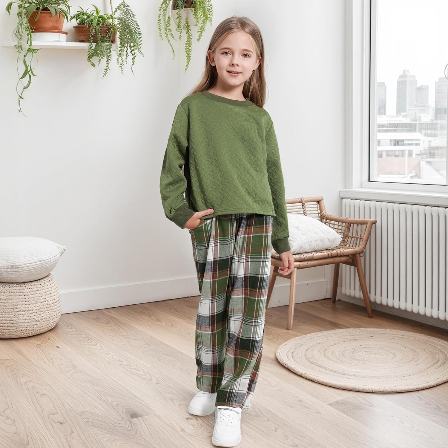 Girls 2 Piece Outfit Kids Long Sleeve Cable Knit Top & Stylish Plaid Pants Set Fall Winter Clothing 6-14 Years - Image 3