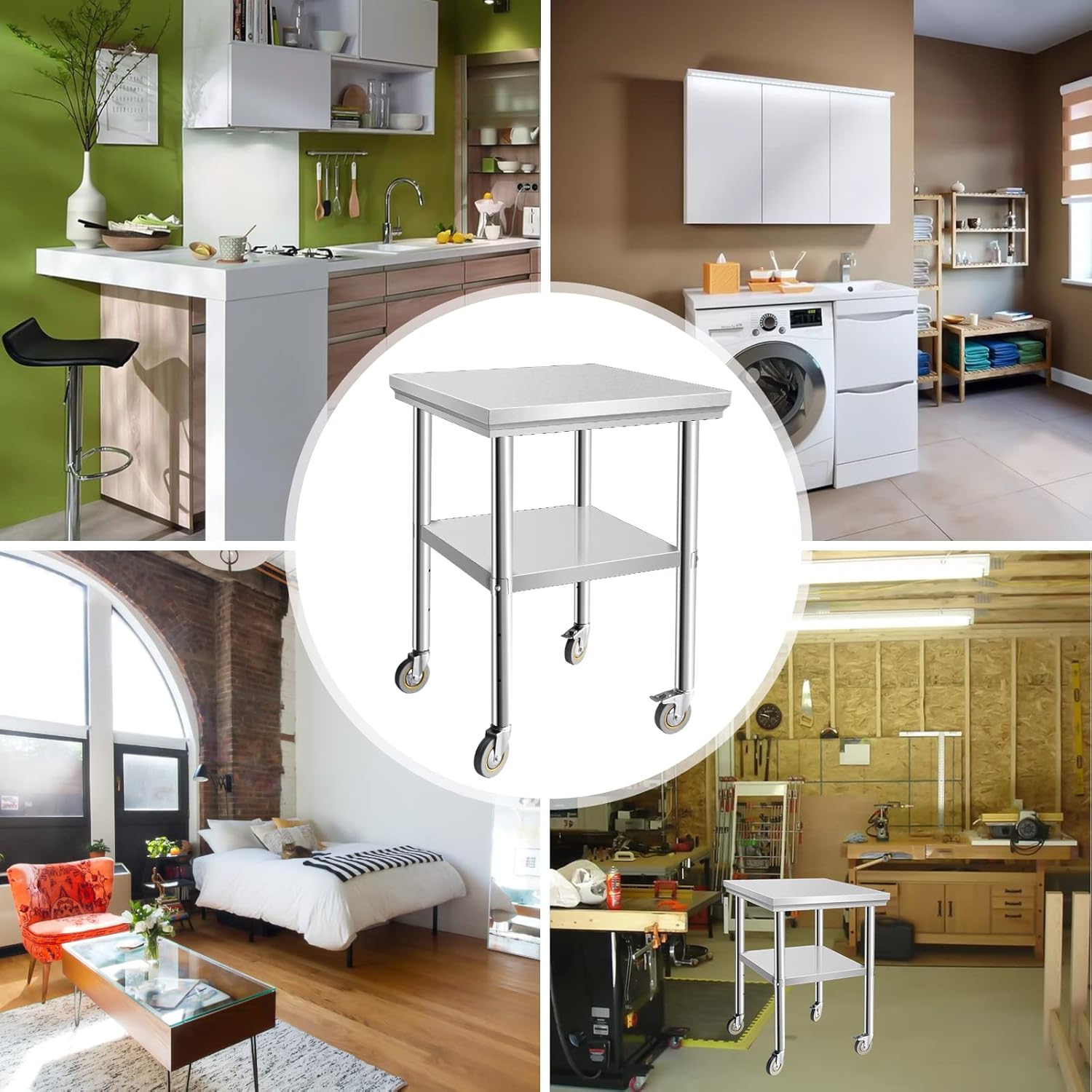 24'' x 24" x 34" Food Prep Stainless Steel Table Commercial Workbench with Adjustable Under Shelf and 4 Casters for Kitchen, Restaurant, Home and Hotel