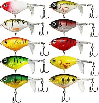 10Pcs Top Water Fishing Lures with Floating Rotating Tail Whopper Fishing Lure for Bass Barb Treble Hooks in Saltwater Freshwater Plopping Lures Kit