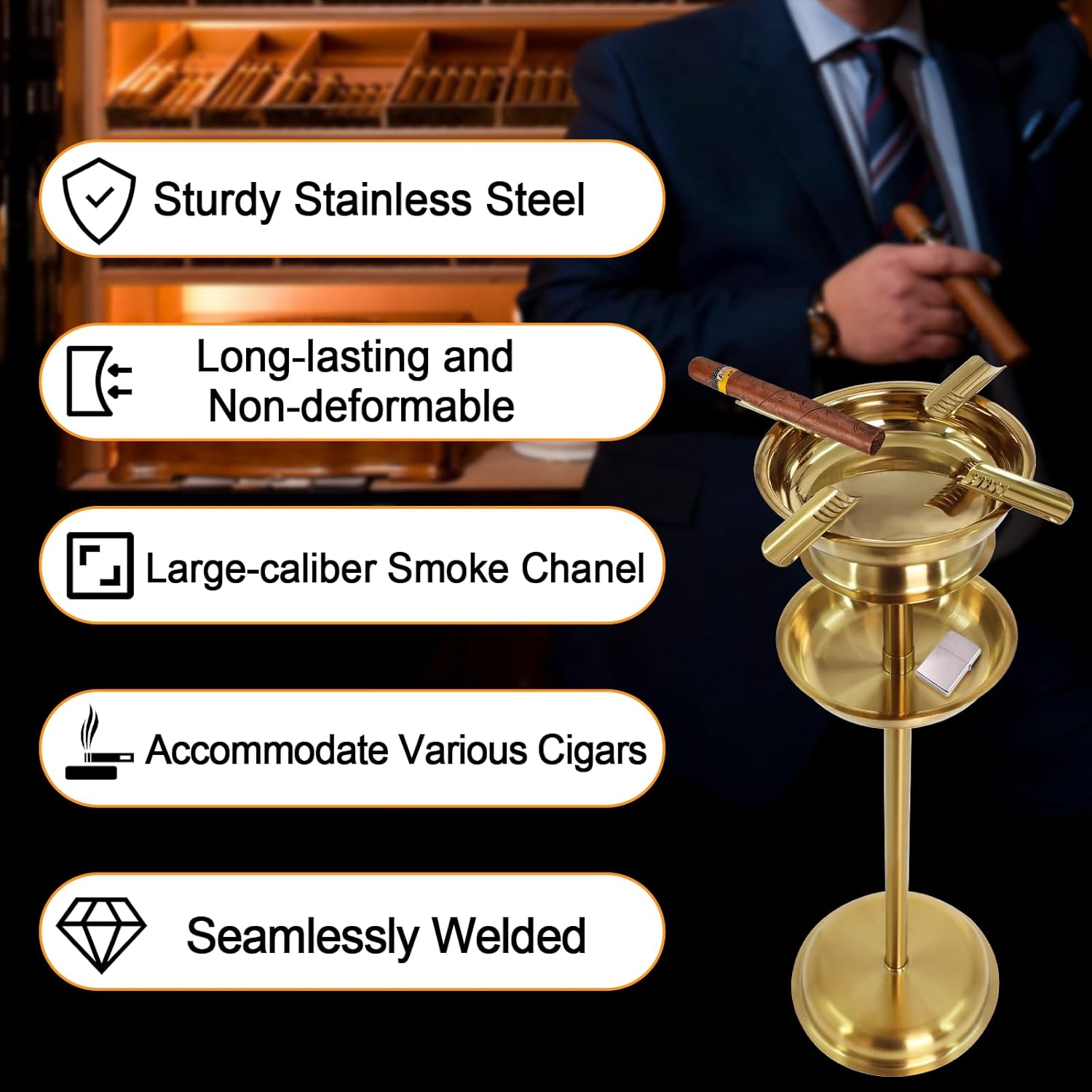 Tall Outdoor Floor Standing Cigar Ashtray,Stable Stainless Steel Standing Ashtray with Detachable Accessory Tray, 23.8 Inch Tall Standing Ashtray Resists Wind and Easy to Clean for Patio Porch