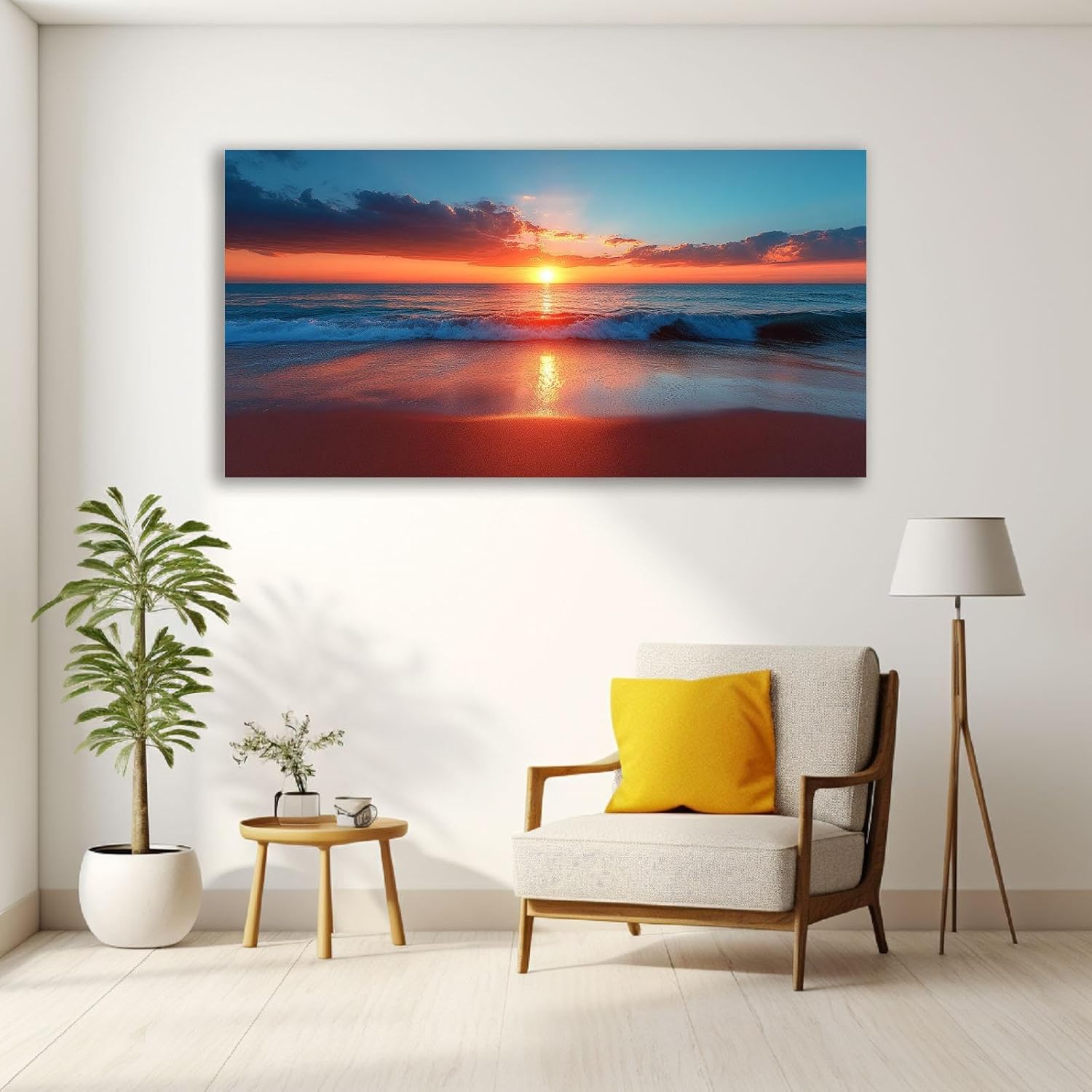 JOSUE オレンジ、グレー ビーチ アートパネル飾り絵 海 ポスター キャンバス, 波の夕日 絵 絵画 海の風景 壁掛けアート モ