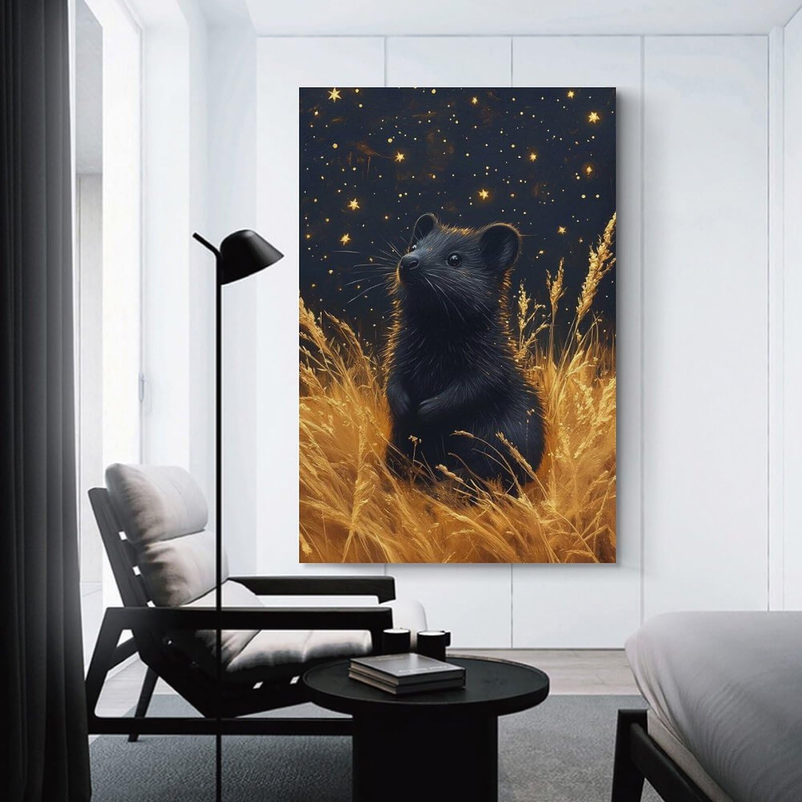 Junmoney Black Mouse in Golden Field Home Decor Wall Art 20x30inch(50x75cm), for Gallery Wall Layouts in Home Or Office, A Versatile Canvas Print for Layering