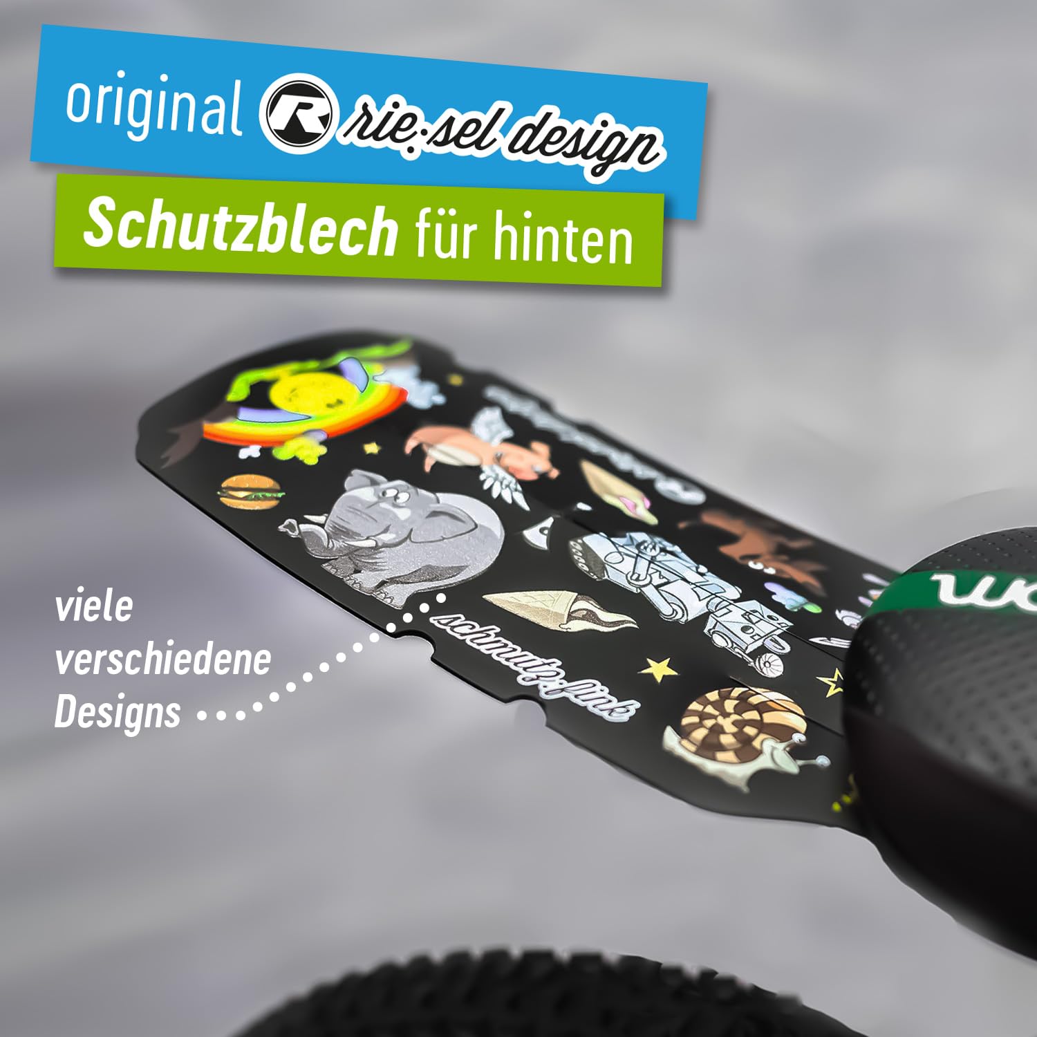 Riesel Design® - Set bestehend aus Schutzblechen für vorn und hinten für Kinderfahrrad und Rahmenschutz Folie - 14-18 Zoll (Kiddo stickerbomb Set)