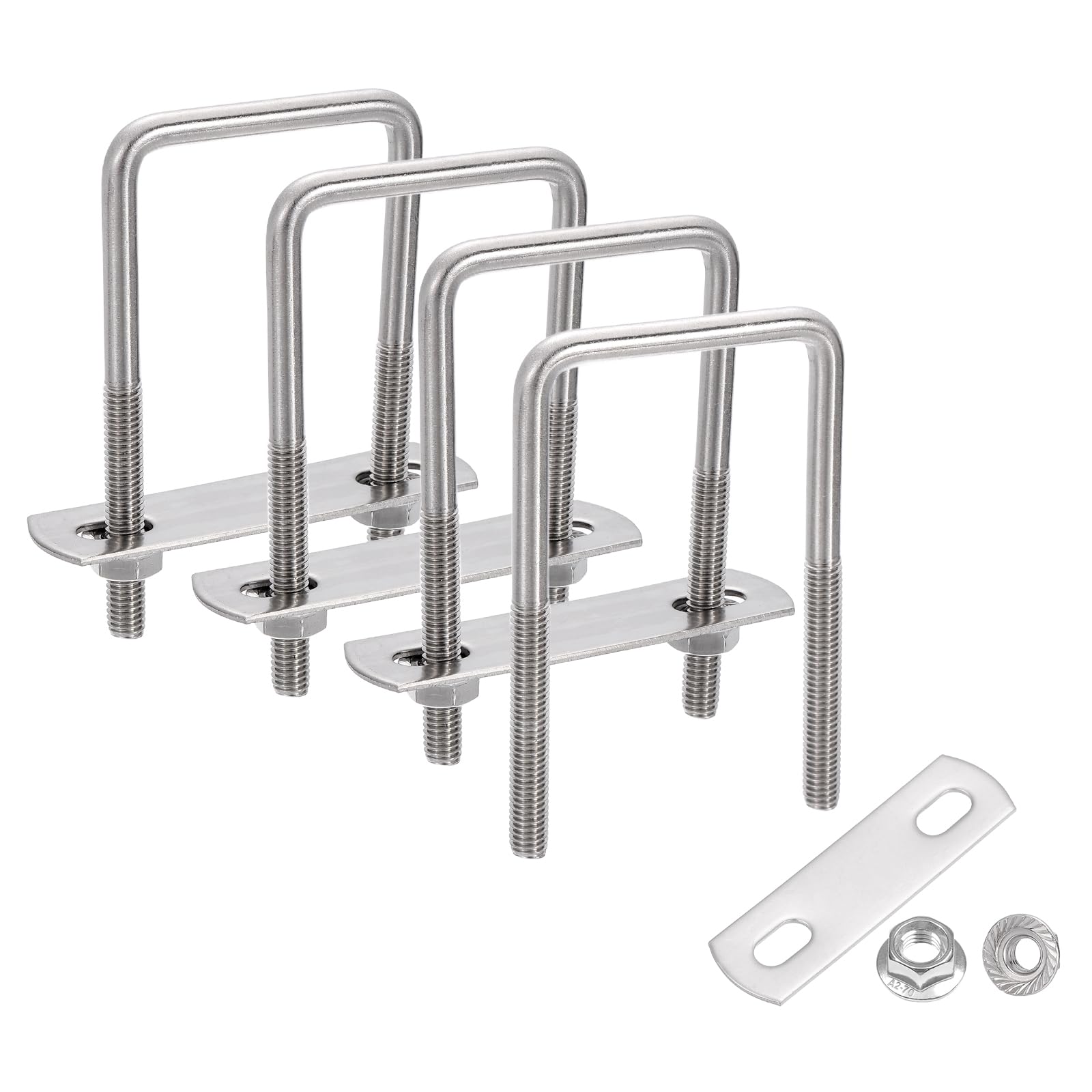 sourcing map 4 Set 1-9/16" Inner Wide Square U Bolts, 3-1/8" Length 304 Stainless Steel U-Bolts with Flange Hexagon Nuts, Frame Plates for Trailer, Automotive, (40mm W x 80mm L)
